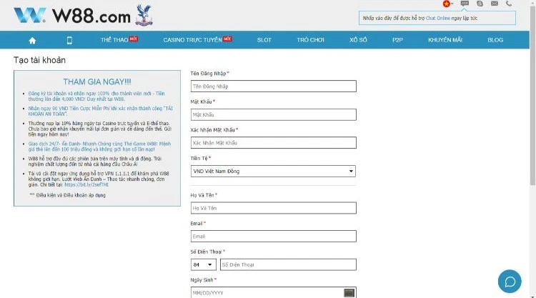 Biểu mẫu đăng ký w88