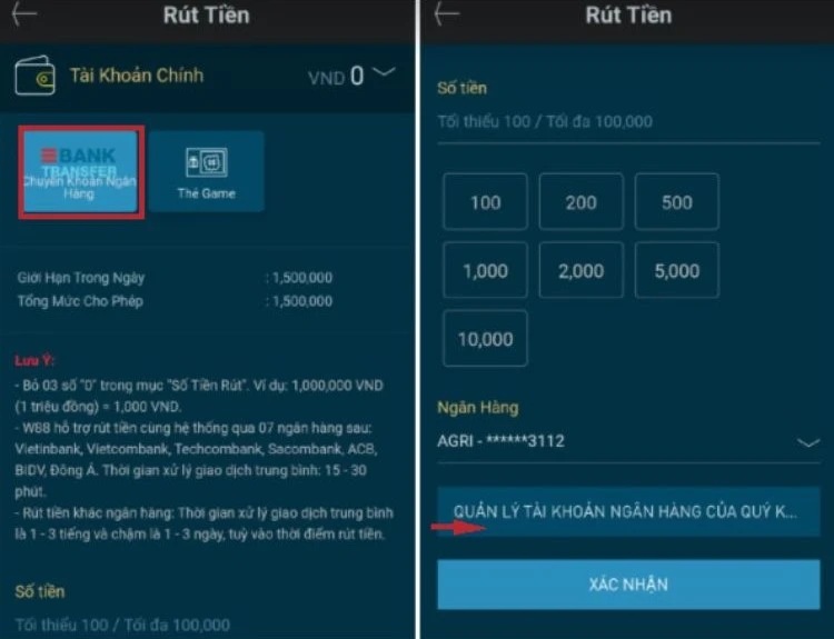 Rút tiền w88 về ngân hàng